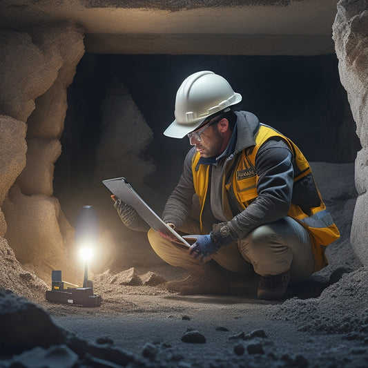 An illustration depicting a person in a hard hat and vest, holding a flashlight and kneeling beside a cracked concrete floor, with a magnifying glass and a tablet with a floor plan nearby.