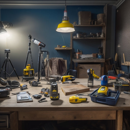 A cluttered, dimly lit room with scattered renovation tools and materials transforms into a bright, organized space with a few sleek, high-tech gadgets, such as a cordless drill and a laser level.