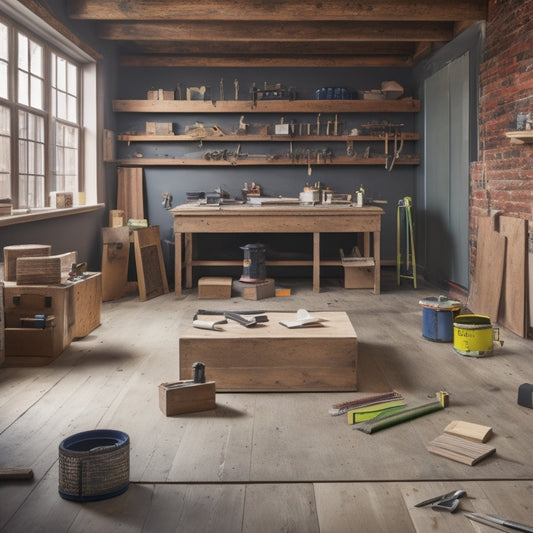 A tidy workshop with a wooden floor, surrounded by various tools and materials, including a spirit level, tape measure, hammer, and boxes of flooring samples, with a subtle hint of construction in the background.