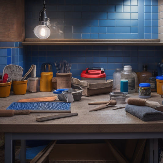 A tidy, well-lit workshop table with a variety of grouting tools neatly organized, including a grout float, grout sponge, grout brush, and grout sealer, surrounded by small tiles and renovation materials.