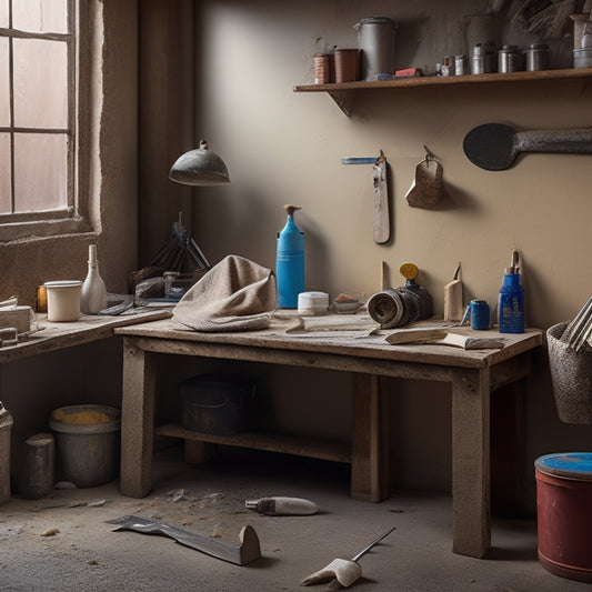 A tidy workbench with a DIY plastering tool kit laid out, featuring a trowel, hawk, joint knife, and bucket, surrounded by scattered plaster dust and a partially plastered wall in the background.