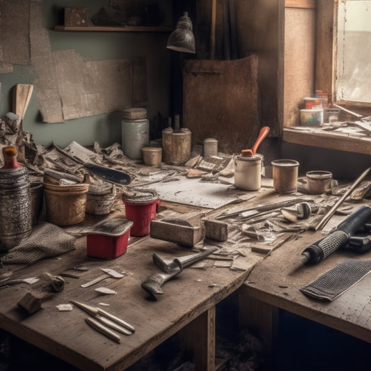 A cluttered renovation workspace with a variety of plaster wall scraping tools scattered on a worn wooden table, surrounded by scraps of drywall and dusty debris.