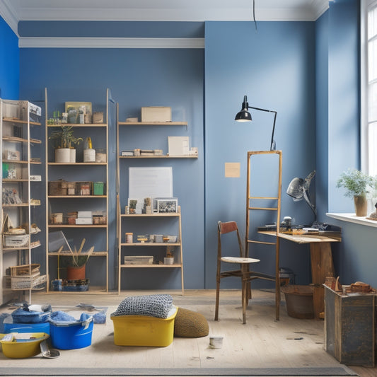 A clutter-free, well-lit room with a half-painted wall, scattered renovation tools, a ladder, and a clipboard with a checklist lying open, surrounded by paint swatches and color cards.