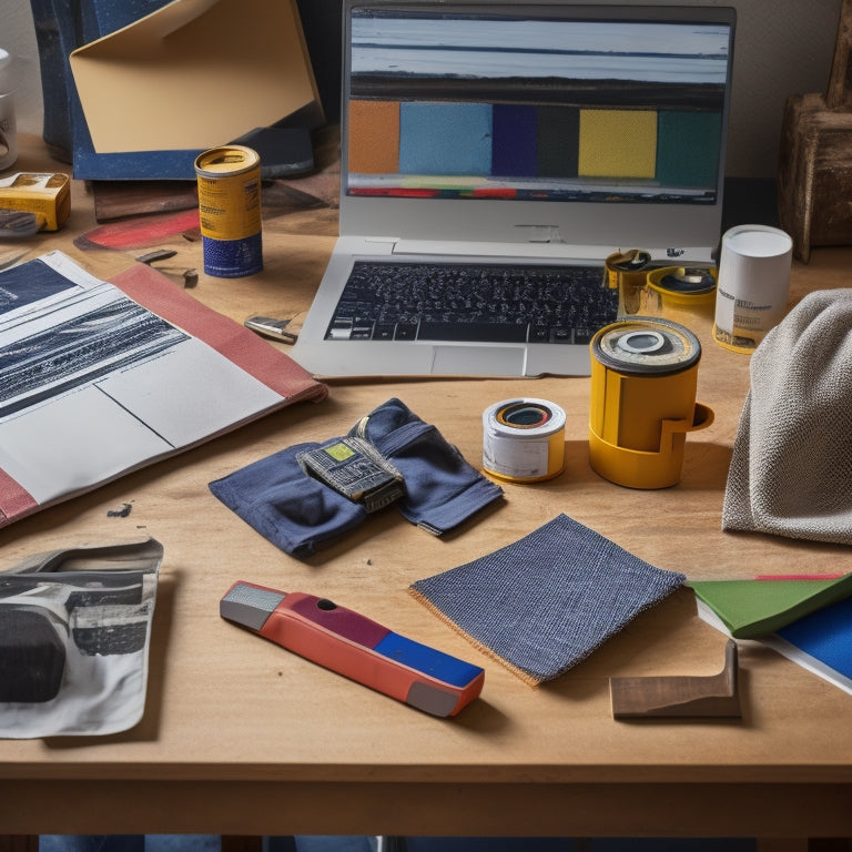 A tidy, organized workspace with a laptop, notebook, and various renovation tools, such as a tape measure and level, surrounded by scattered paint swatches and fabric samples.