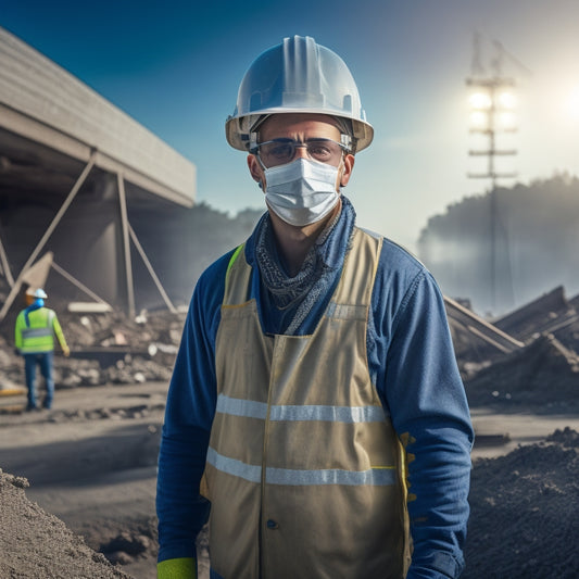 An image depicting a construction worker wearing a hard hat, safety goggles, and a dust mask, standing amidst a partially demolished concrete structure, with warning cones and caution tape surrounding the area.