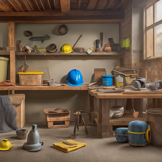 A clutter-free workshop with a workbench, surrounded by essential tools: a hard hat, safety goggles, respirator, gloves, ladder, level, and a bucket of joint compound, amidst a backdrop of partially renovated walls.