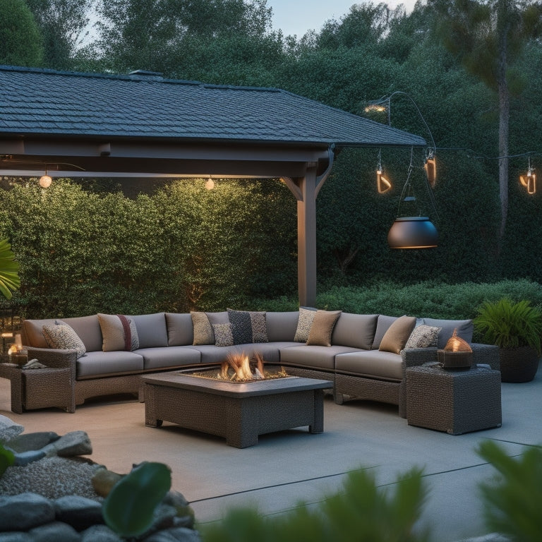 A serene outdoor space with a renovated patio featuring a sleek, modern pergola, surrounded by lush greenery, a statement fire pit, and a minimalist outdoor sofa set, lit by warm string lights.