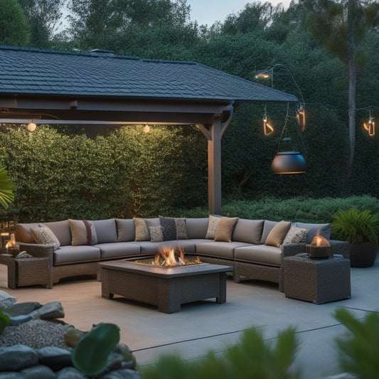 A serene outdoor space with a renovated patio featuring a sleek, modern pergola, surrounded by lush greenery, a statement fire pit, and a minimalist outdoor sofa set, lit by warm string lights.
