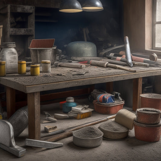 A cluttered workbench with a variety of concrete tools, including a trowel, float, edger, and jointer, surrounded by scattered concrete mix bags and a partially completed renovation project in the background.