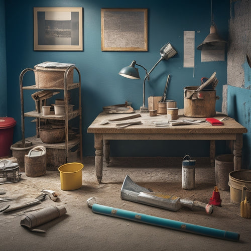 A cluttered workspace with various DIY renovation tools scattered around, including a putty knife, joint compound bucket, sandpaper, and a roller extension pole, set against a backdrop of a partially plastered wall.