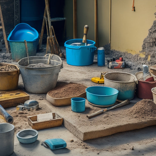 A cluttered construction site with various tools scattered around a partially poured concrete foundation, including a mixing bucket, trowel, level, and bull float, with a faint blueprints background.