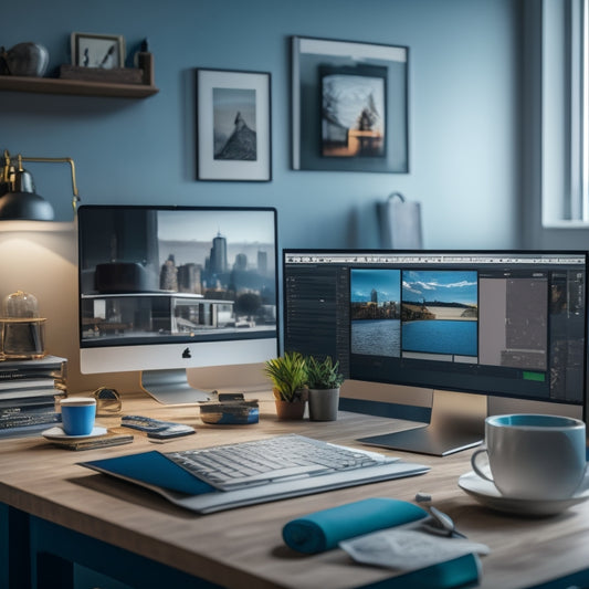 A laptop screen displaying a 3D room design with a modern sofa, floor lamp, and window, surrounded by design tools and palettes, on a cluttered home office desk with coffee cups and blueprints.
