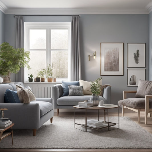 A serene, well-lit, and fully furnished modern living room with a few subtle hints of renovation, such as a single toolbox in the corner, a few scattered paint swatches, and a faint smell of fresh paint.