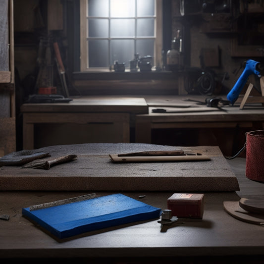 A well-lit, clutter-free workshop backdrop with three distinct sanders (belt, orbital, and detail) placed on a wooden workbench, surrounded by various renovation materials like wood planks, drywall, and metal sheets.