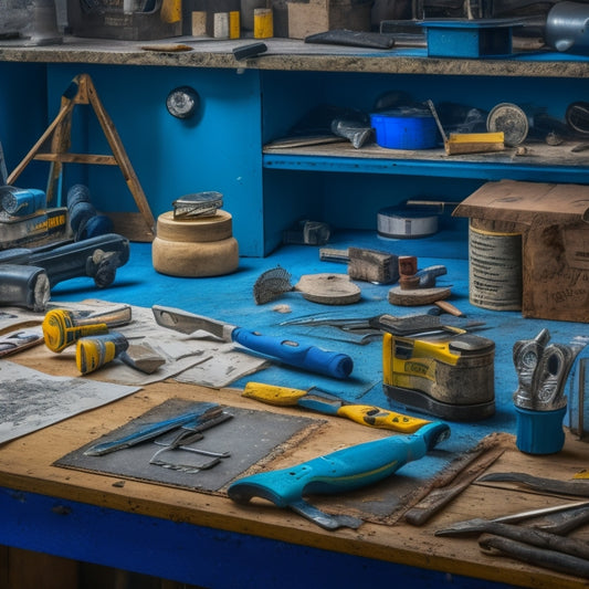 A cluttered workshop table with a variety of tools, including a tape measure, level, hammer, drill, saw, and paintbrushes, surrounded by rolled-up blueprints and scattered drywall screws.