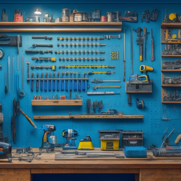 A cluttered workshop background with a centered, organized pegboard featuring a variety of tools, including a cordless drill, level, tape measure, and wrench, with a subtle hint of a renovation project in progress.