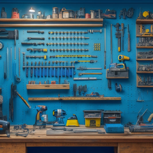 A cluttered workshop background with a centered, organized pegboard featuring a variety of tools, including a cordless drill, level, tape measure, and wrench, with a subtle hint of a renovation project in progress.