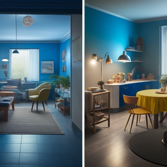 A split-screen image featuring a cluttered, dimly lit room on the left and a bright, modernized space on the right, with a subtle gradient of renovation tools and materials in the center.