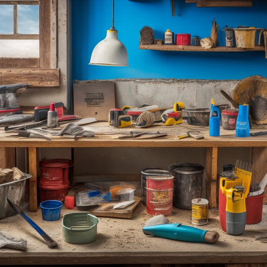 A cluttered DIY workbench with a variety of mixing tools, including a cordless drill, putty knife, mixing bucket, and trowel, surrounded by drywall compound, paint, and scattered renovation materials.