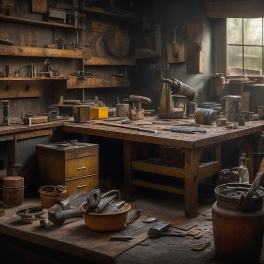 A cluttered workshop with rusty, worn-out tools scattered on a workbench, contrasting with a nearby, organized section featuring sleek, high-quality renovation tools and equipment, spotlighted and gleaming.