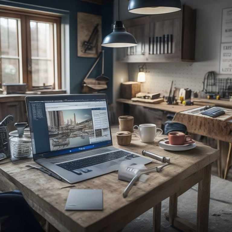 A partially renovated living room with a laptop on a makeshift workbench, surrounded by construction tools, blueprints, and a cup of coffee, with a Excel spreadsheet open on the screen.