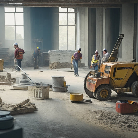 A busy construction site with multiple floor grinders of varying sizes and brands in action, surrounded by concrete dust, tools, and renovation debris, amidst a partially polished concrete floor.