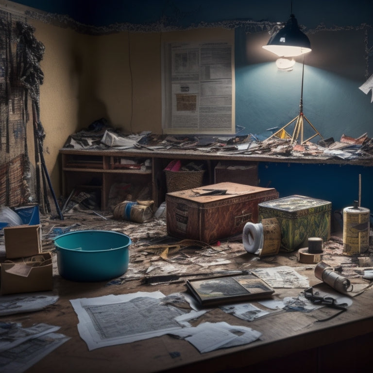 A cluttered, dimly lit room with torn wallpaper, exposed wiring, and a hammer lying on the floor, surrounded by scattered blueprints, measuring tapes, and contractor bags.