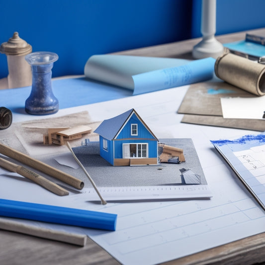 An illustration of a calendar with torn-out pages, replaced by blueprint sketches of a house, with paint swatches and a hammer lying on top, surrounded by scattered renovation materials and a miniature house model.