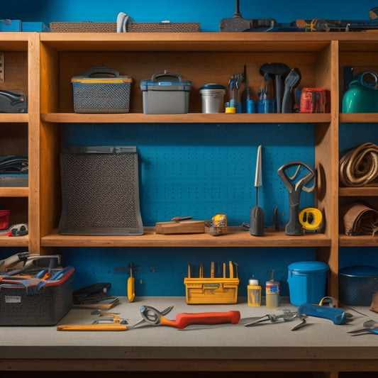 A clutter-free workshop with a pegboard displaying organized tools, a labeled storage bin, and a toolbox with a partially open drawer revealing neatly arranged wrenches and screwdrivers.