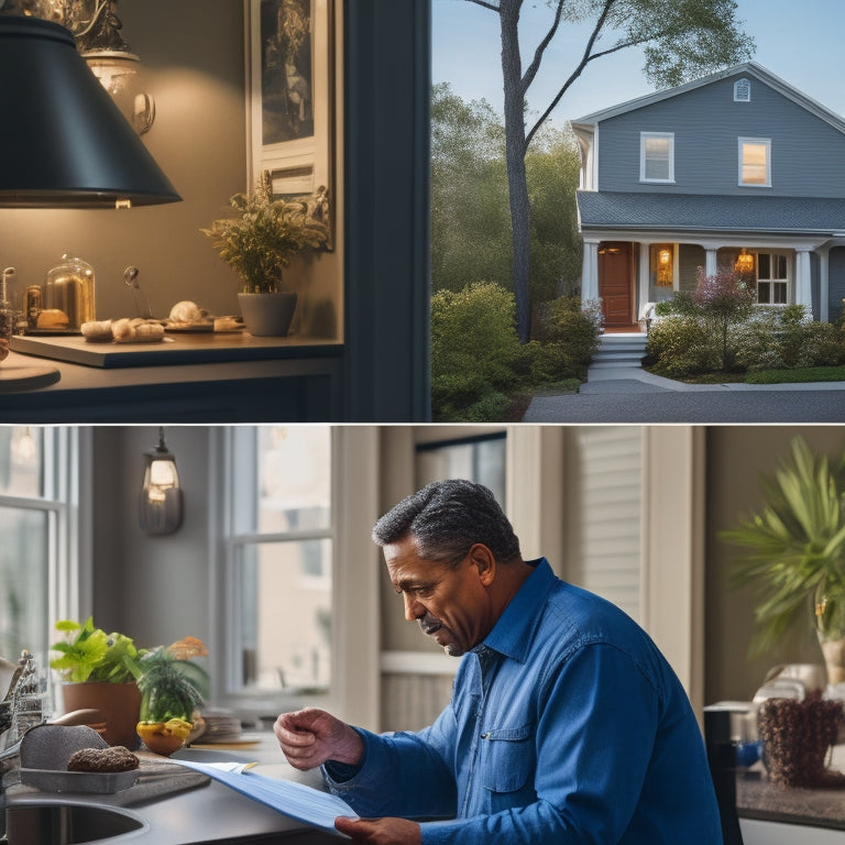 A split-screen image featuring a renovated home with a shocked homeowner holding an invoice on one side, and a calm homeowner reviewing a detailed budget on the other, with a cityscape in the background.