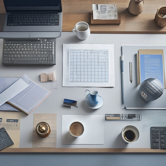 An organized workspace with a laptop, calculator, and scattered floor tile samples, surrounded by rolled-up blueprints and a few coffee cups, set against a calming light gray background.