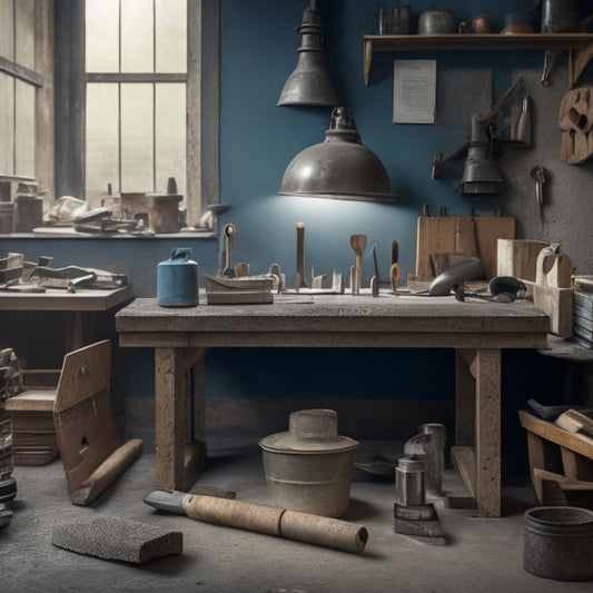 A cluttered workbench with a concrete block as the centerpiece, surrounded by various renovation tools like trowels, jointers, and hammers, with a subtle background of a partially renovated industrial space.