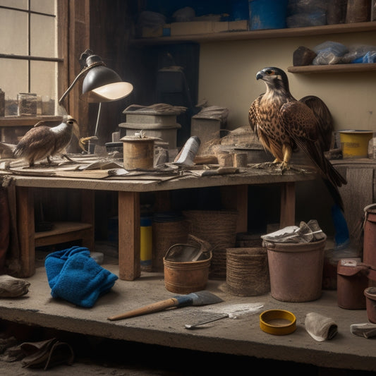 A cluttered workbench with a variety of plastering tools, including a hawk, trowel, joint knife, and sanding block, surrounded by bags of plaster and a bucket of water.