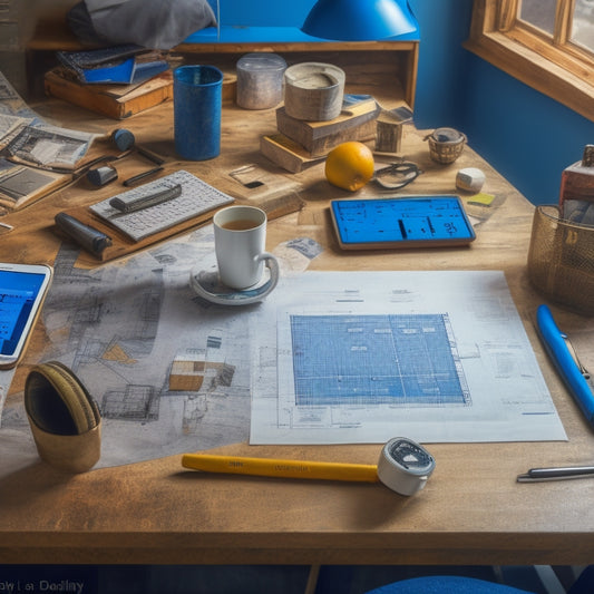A cluttered home renovation workspace with scattered blueprints, calculators, and construction materials, surrounded by a faint blueprint grid, with a prominent tablet or laptop in the center.