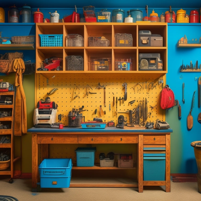 A tidy workshop with a pegboard adorned with hanging tools, a labeled storage cabinet, a rolling tool chest, and a workbench with a built-in vice, surrounded by organized bins and baskets.