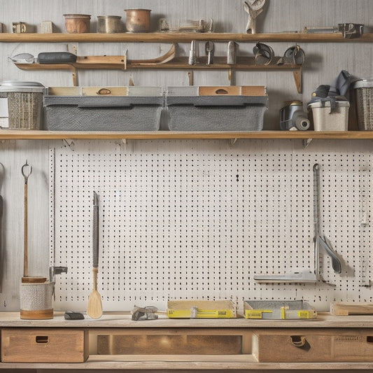 A clutter-free workshop with a pegboard adorned with neatly hung tools, a labeled toolbox, and a stack of organized bins, set against a clean, light-gray background with a subtle wood grain texture.
