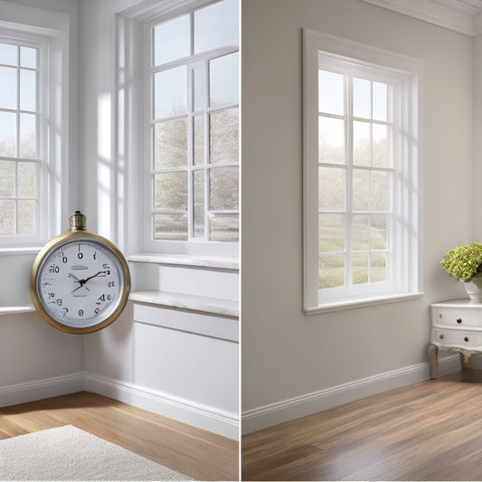 A split-screen image featuring a stopwatch or timer on a clean, white background on one side, and a partially renovated room with various sealant application areas (e.g. windows, countertops, floors) on the other side.
