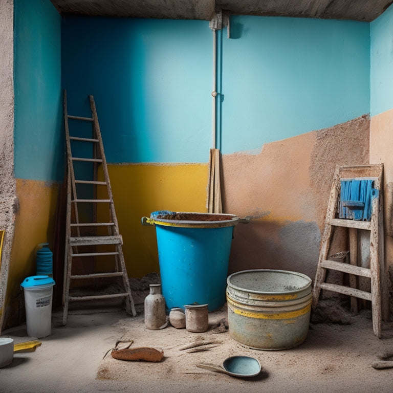 A cluttered but organized stucco renovation site with a mix of old and new materials, featuring a weathered wall with cracks, a bucket of stucco mix, trowels, and a ladder in the background.