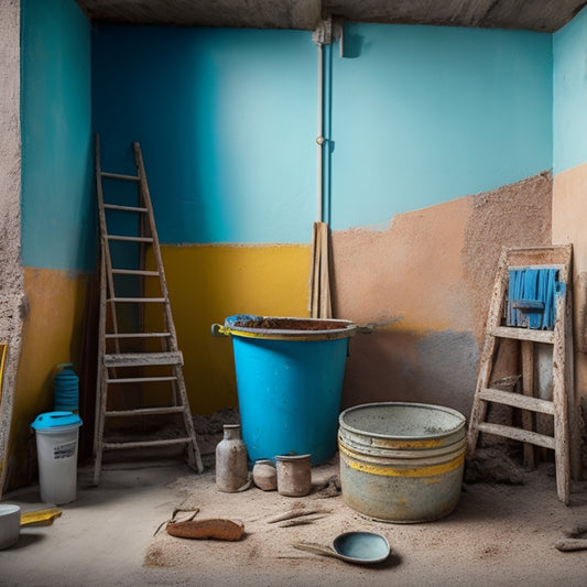 A cluttered but organized stucco renovation site with a mix of old and new materials, featuring a weathered wall with cracks, a bucket of stucco mix, trowels, and a ladder in the background.