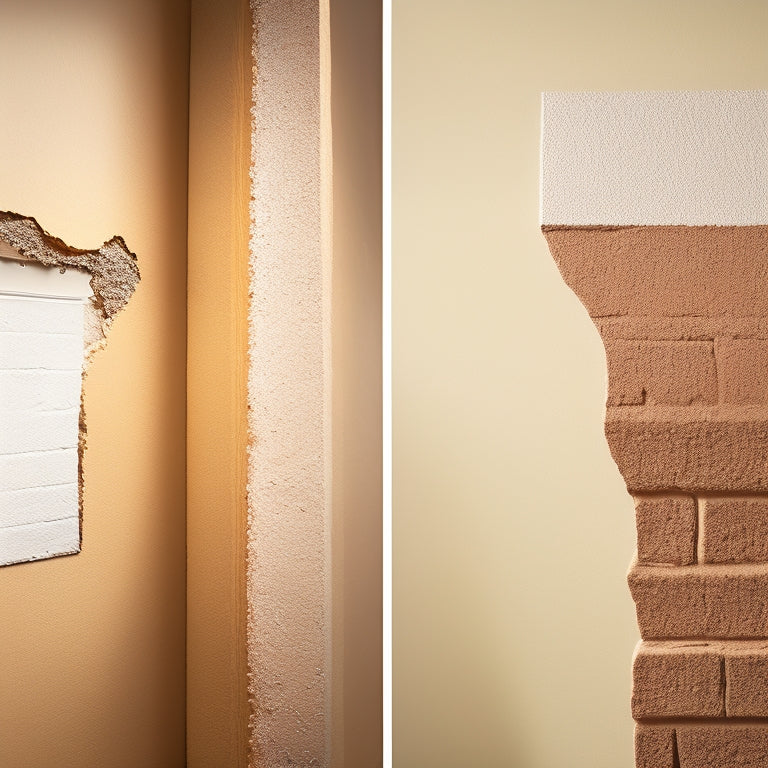 A split-screen image featuring a cracked wall with various filler materials on one side (caulk, spackling, epoxy, and polyurethane foam) and a renovated wall with a seamless finish on the other.
