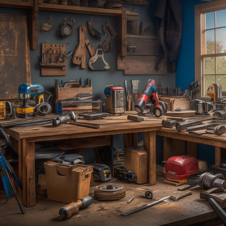 A cluttered workbench with various power tools scattered around, including a cordless drill, circular saw, impact driver, and jigsaw, surrounded by scattered renovation materials like wood planks, pipes, and wires.