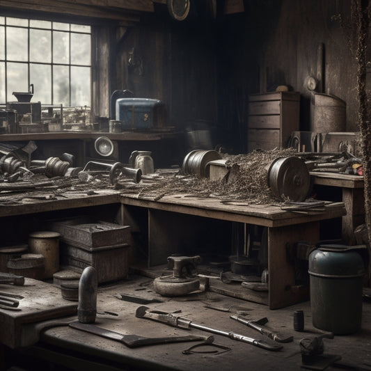 A cluttered workshop with a half-finished renovation project in the background, surrounded by scattered tools, with a prominent toolbox in the center, partially open, revealing a jumble of wrenches, hammers, and screwdrivers.