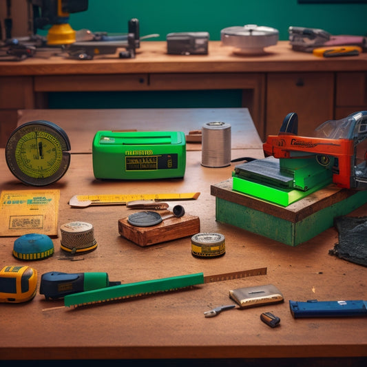 A cluttered workshop table with a worn wooden ruler, a retractable tape measure coiled beside a miter saw, and a laser distance meter with a bright green display screen.