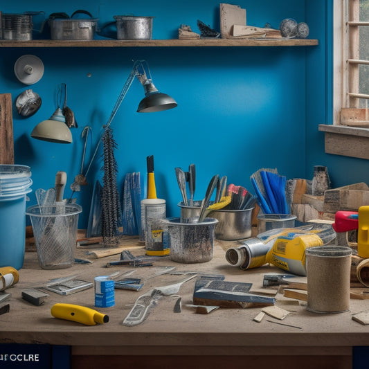 A cluttered home renovation workspace with various adhesion tools scattered around, including a caulk gun, putty knife, and hot glue gun, amidst half-finished DIY projects and construction materials.