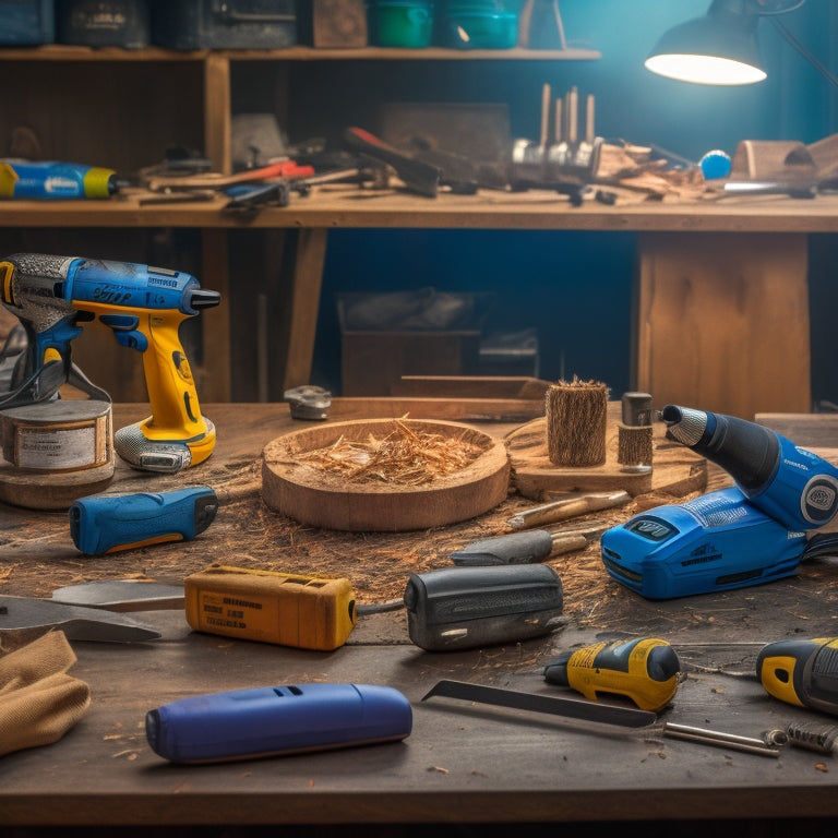 A cluttered workbench with a cordless drill, impact driver, circular saw, jigsaw, and reciprocating saw, surrounded by scattered screws, wires, and wood shavings, with a faint hint of a renovation project in the background.