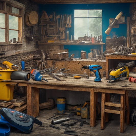 A cluttered workshop with a mix of power tools (circular saw, drill, impact driver) and hand tools (tape measure, level, pliers) scattered on a workbench, surrounded by renovation materials (lumber, pipes, tiles).