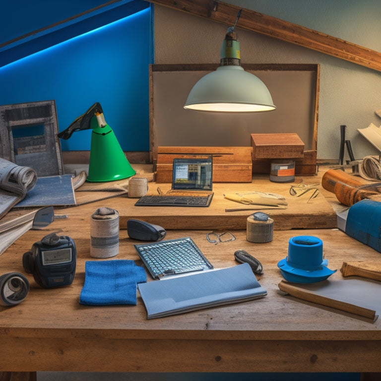 A tidy, well-lit workspace with a laptop, a stack of blueprints, and a partially plastered wall in the background, surrounded by scattered construction tools and a tape measure.