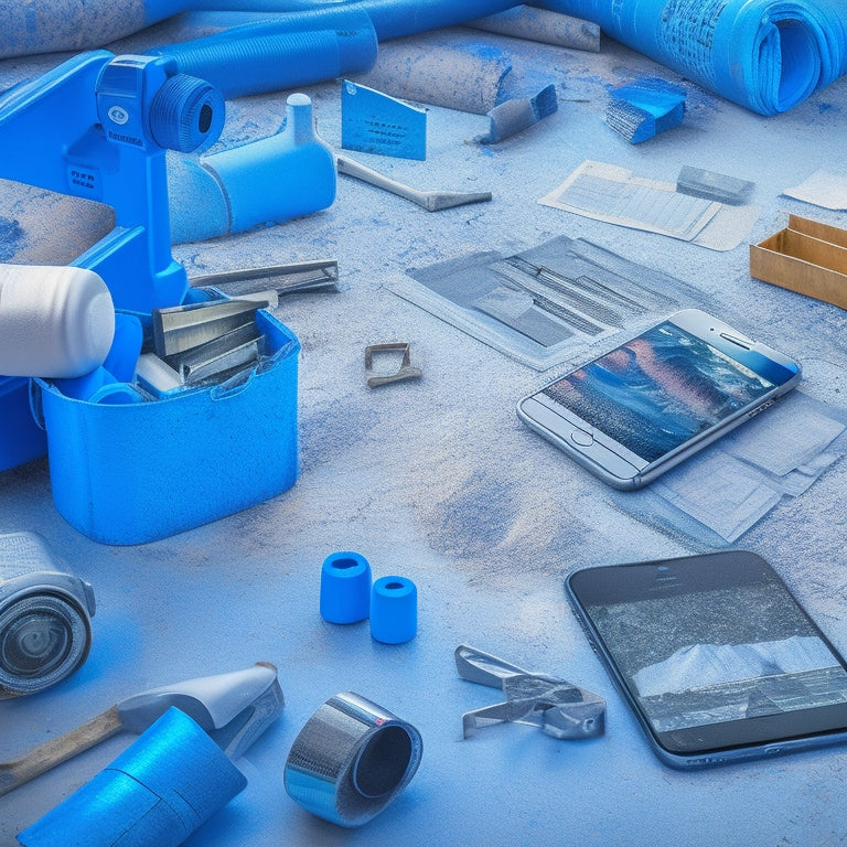 A 3D illustration of a smartphone on a cluttered renovation site, surrounded by rolls of blueprints, scattered tools, and a partially demolished wall, with various app icons hovering above the screen.