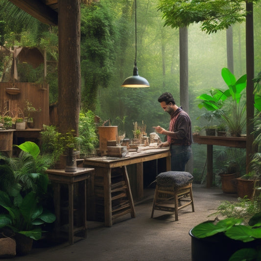 A serene, well-lit workshop with a person in the background, surrounded by eco-friendly tools and sustainable materials, such as reclaimed wood, bamboo, and low-VOC paints, amidst lush greenery.