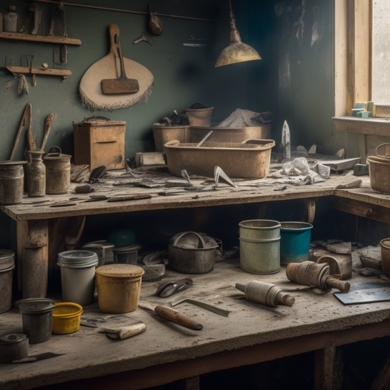 A cluttered but organized workbench with a variety of plastering tools, including a hawk, trowel, putty knife, and joint knife, surrounded by buckets of plaster and scattered dust particles.
